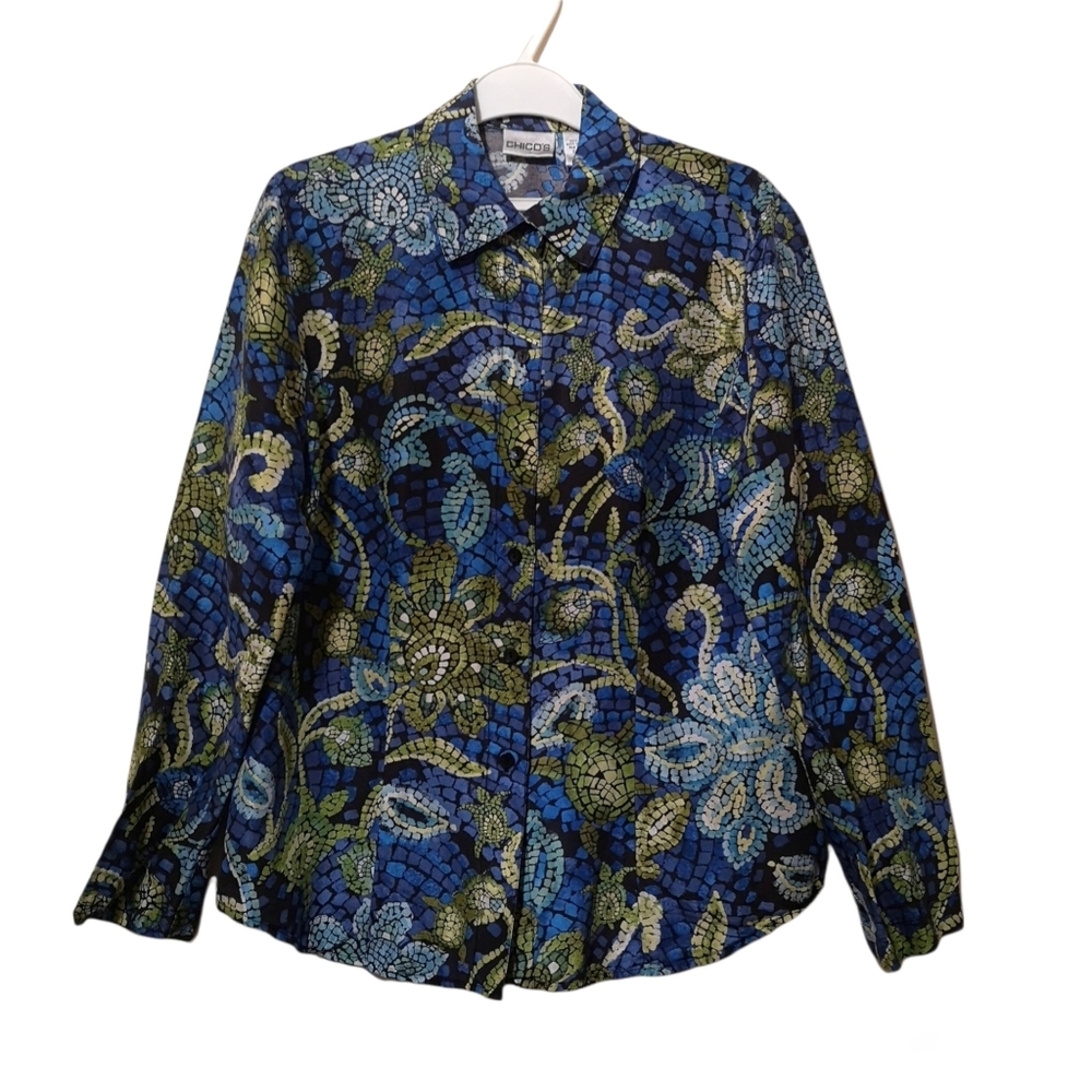Chico's Silk Blouse Very Colorful Mozaic Flowers Contemporary Modern Style